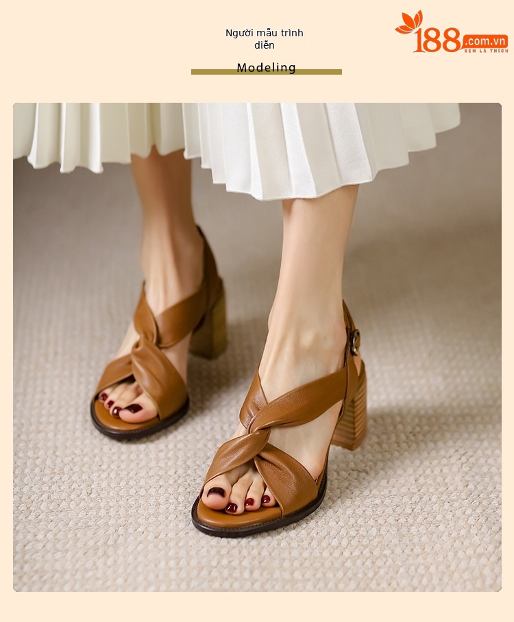 Sandal cao gót nữ da thật hở mũi quai ngang gót dày retro — Màu nâu chi tiết 5