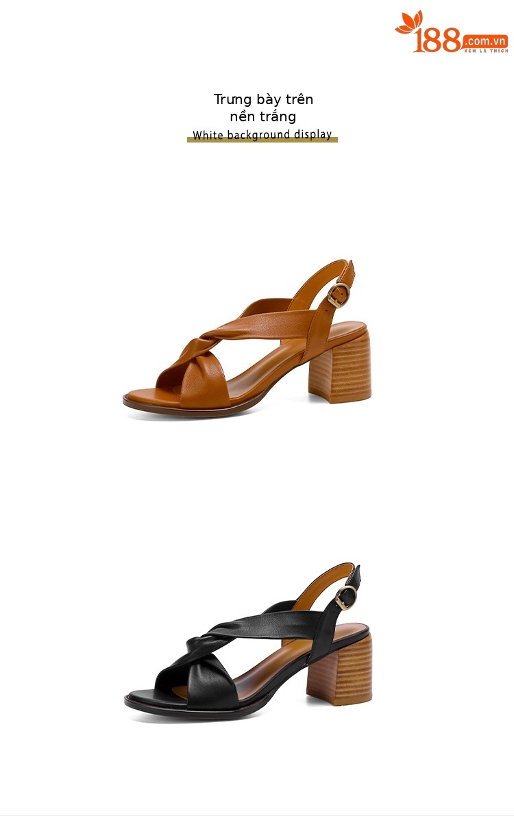 Sandal cao gót nữ da thật hở mũi quai ngang gót dày retro — Màu nâu chi tiết 17