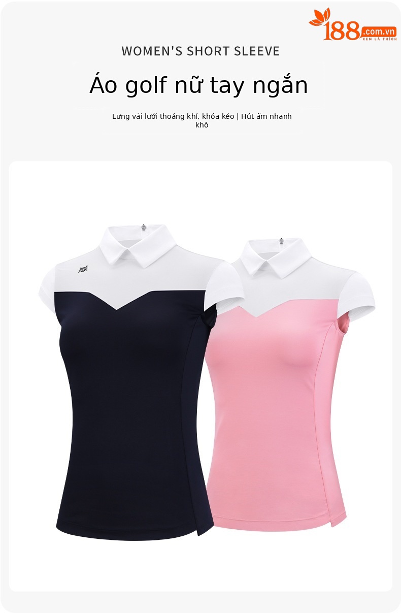 Áo thun golf nữ tay ngắn PGM cổ bẻ khóa kéo, phối màu cổ — YF484-màu trắng xanh navy, YF484-màu trắng hồng chi tiết 2
