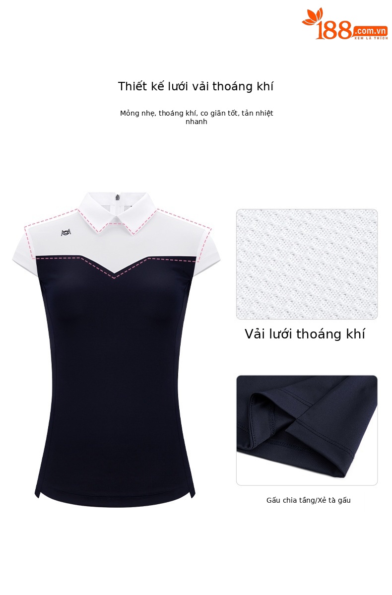 Áo thun golf nữ tay ngắn PGM cổ bẻ khóa kéo, phối màu cổ — YF484-màu trắng xanh navy, YF484-màu trắng hồng chi tiết 3