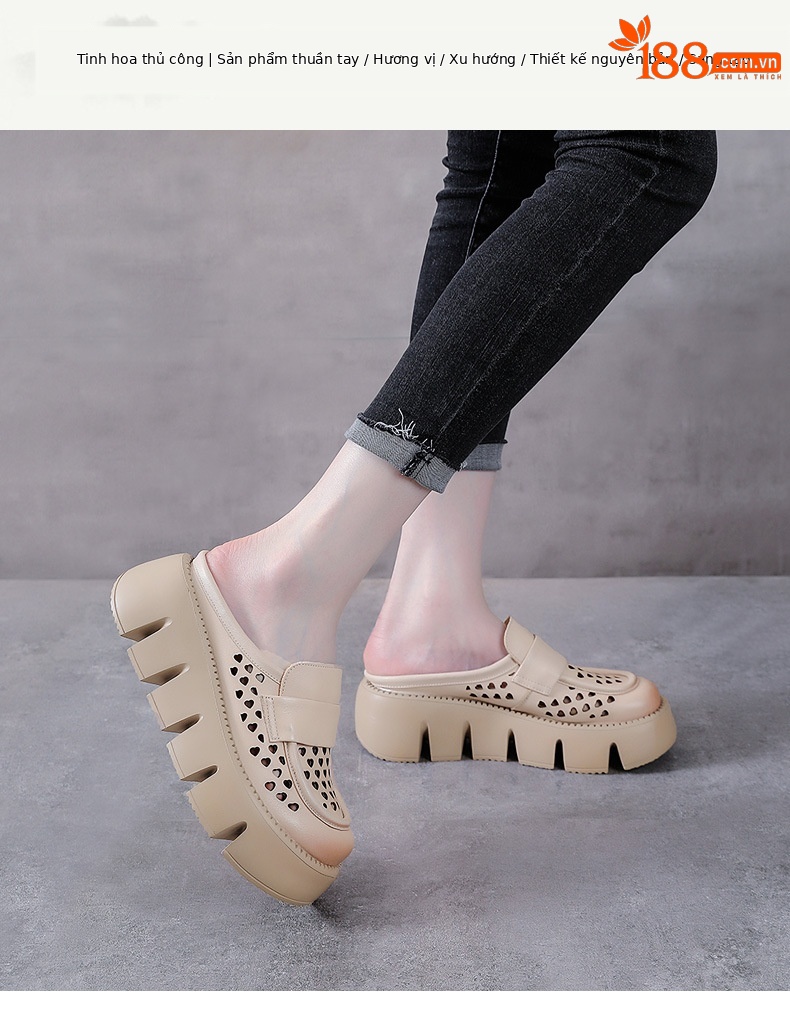 Sandal nữ đế dày da bò thật, mũi bít lỗ, gót thấp đi hè — Màu nâu chi tiết 1