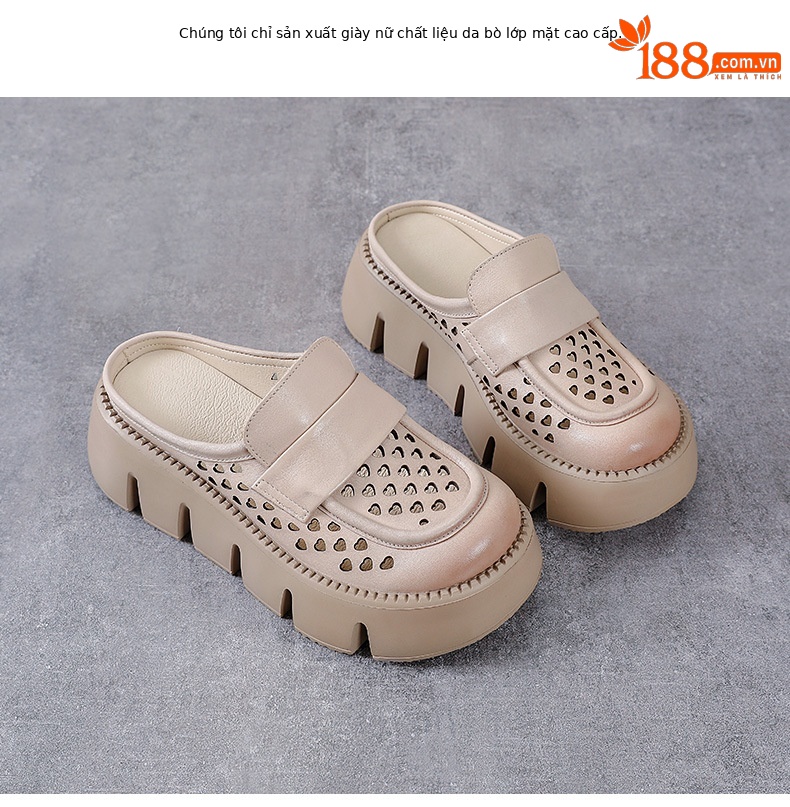 Sandal nữ đế dày da bò thật, mũi bít lỗ, gót thấp đi hè — Màu nâu chi tiết 2