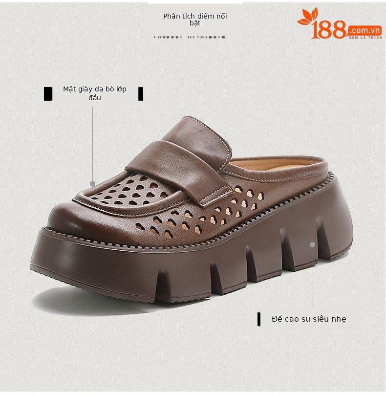 Sandal nữ đế dày da bò thật, mũi bít lỗ, gót thấp đi hè — Màu nâu chi tiết 3