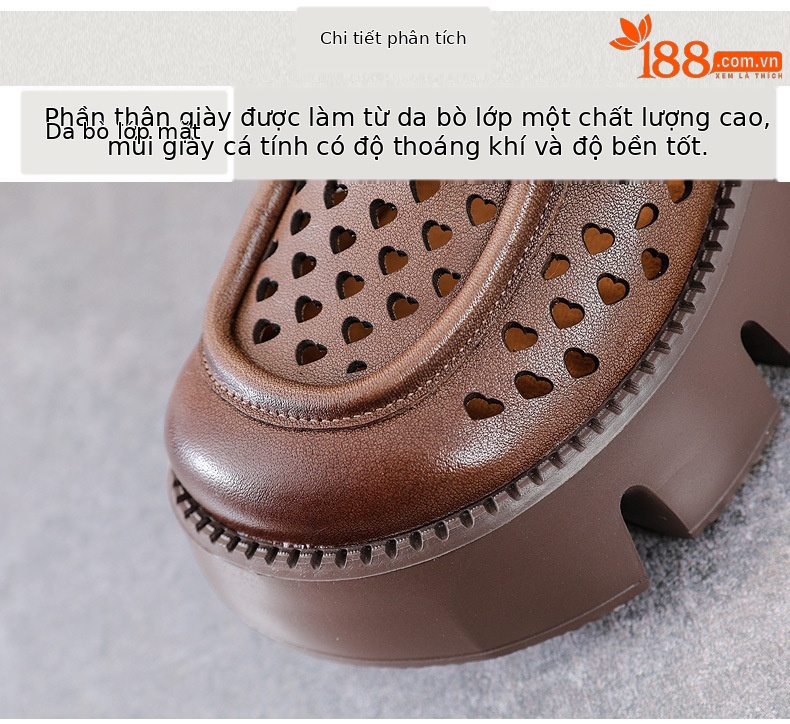 Sandal nữ đế dày da bò thật, mũi bít lỗ, gót thấp đi hè — Màu nâu chi tiết 4