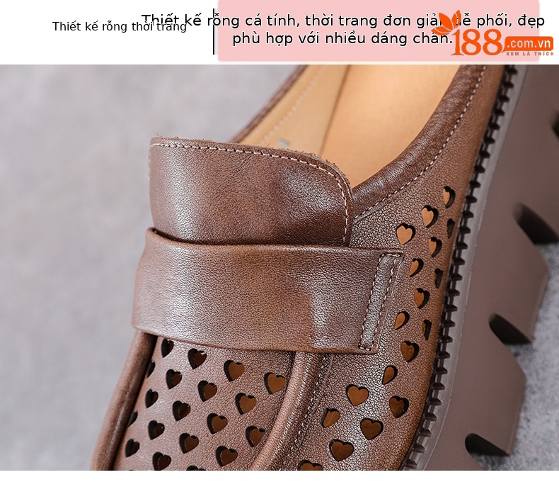 Sandal nữ đế dày da bò thật, mũi bít lỗ, gót thấp đi hè — Màu nâu chi tiết 5