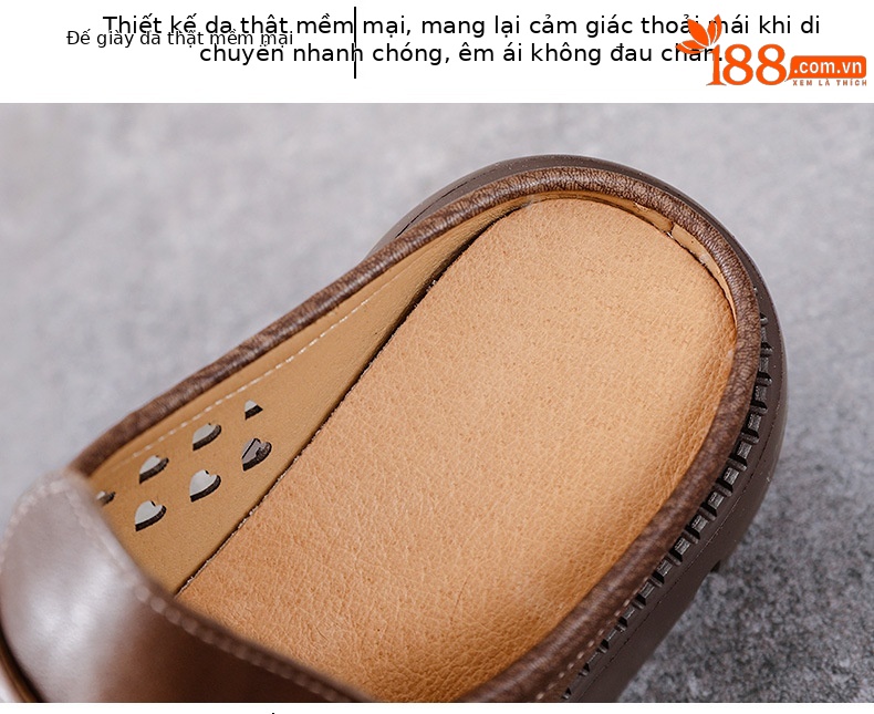 Sandal nữ đế dày da bò thật, mũi bít lỗ, gót thấp đi hè — Màu nâu chi tiết 6