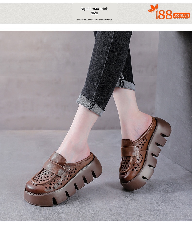 Sandal nữ đế dày da bò thật, mũi bít lỗ, gót thấp đi hè — Màu nâu chi tiết 9