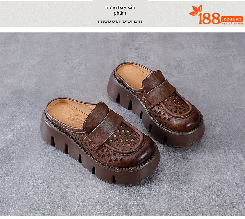 Sandal nữ đế dày da bò thật, mũi bít lỗ, gót thấp đi hè — Màu nâu chi tiết 10