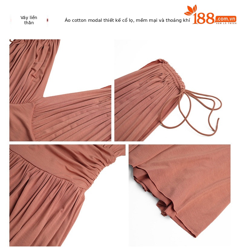 Đầm maxi nữ thắt eo chất modal co giãn cổ V xếp ly dài — [Hồng], [Đen] chi tiết 3