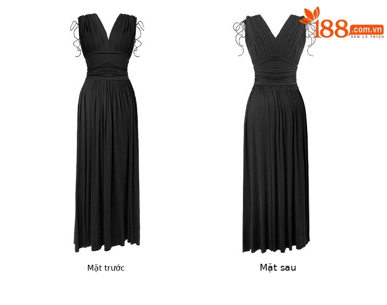 Đầm maxi nữ thắt eo chất modal co giãn cổ V xếp ly dài — [Hồng], [Đen] chi tiết 5
