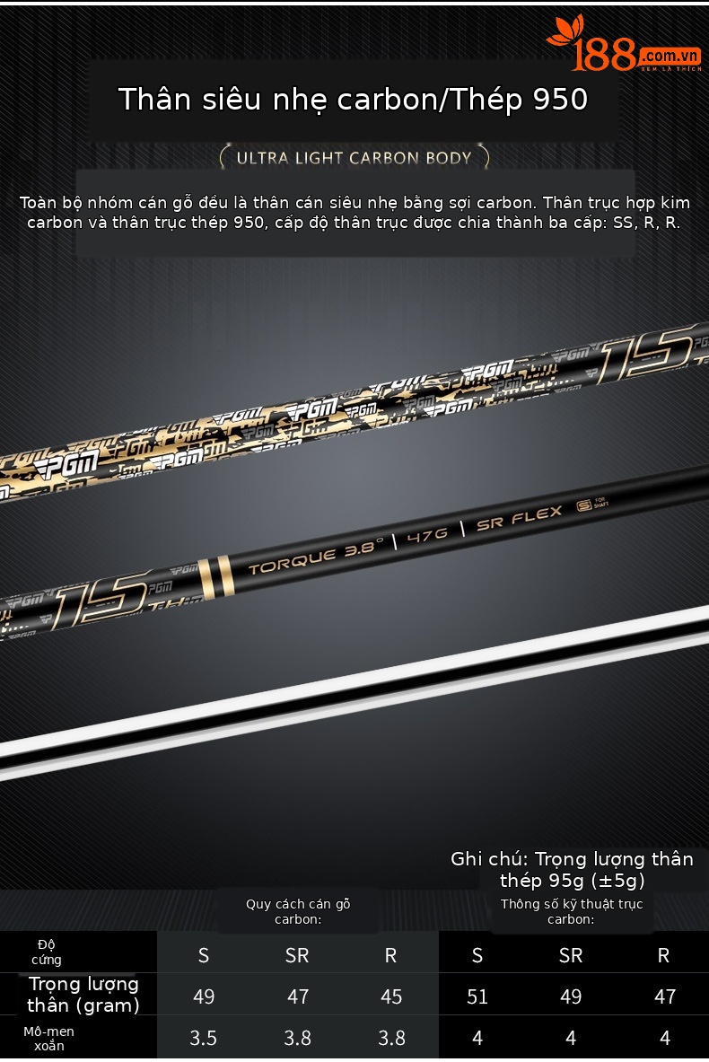 Gậy golf số 1 PGM MG039 đầu titan trục carbon Mitsubishi — MG039-Thanh carbon vàng đen lớp R, MG039-Cột carbon vàng đen lớp SR, MG039-Cột carbon vàng đen lớp S, MG039-Thanh carbon vàng đen hạng R (trục Mitsubishi Nhật Bản) chi tiết 6