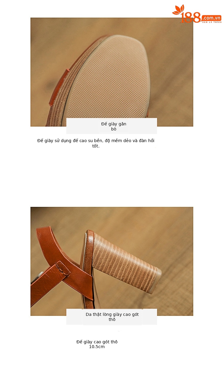 Sandal cao gót hở mũi retro 10 cm quai chữ T gót vuông da bò — Màu nâu chi tiết 12