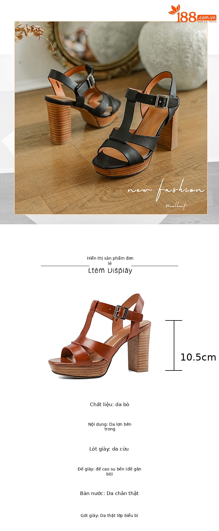 Sandal cao gót hở mũi retro 10 cm quai chữ T gót vuông da bò — Màu nâu chi tiết 3