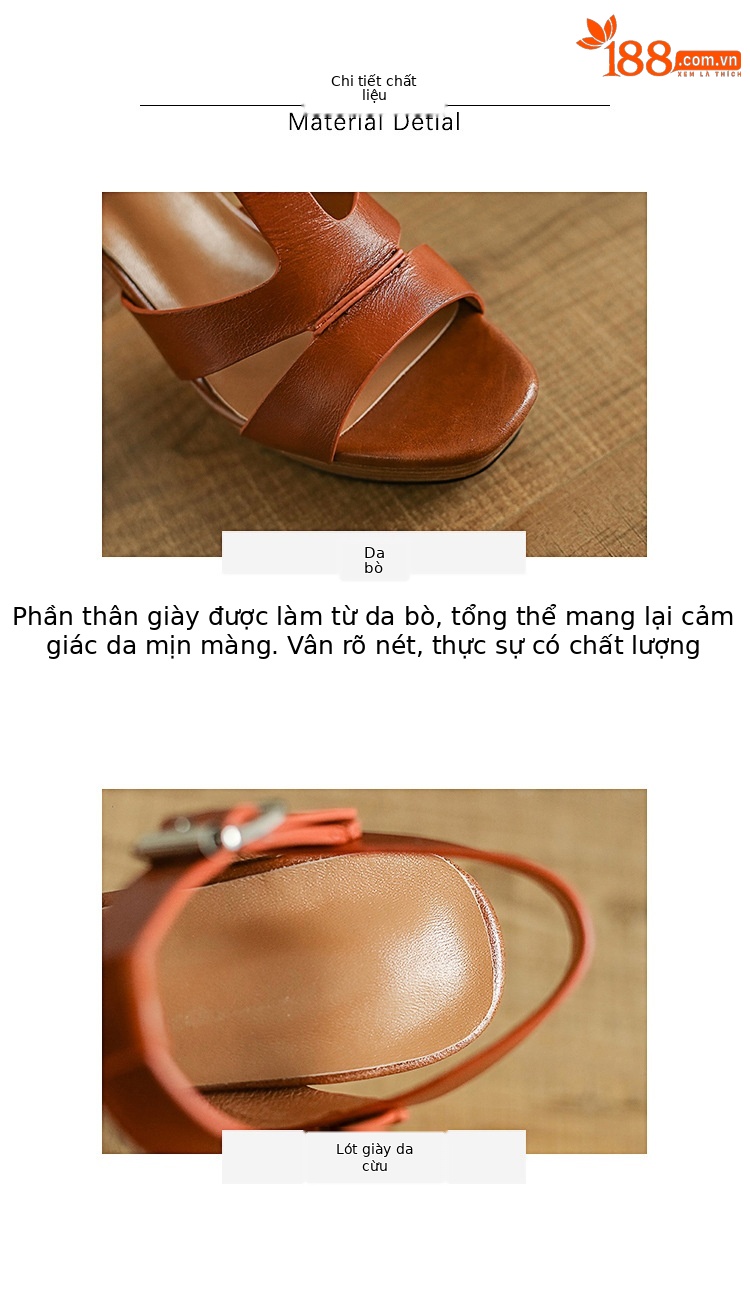 Sandal cao gót hở mũi retro 10 cm quai chữ T gót vuông da bò — Màu nâu chi tiết 11
