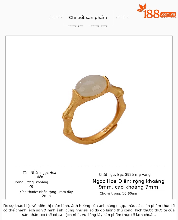 Nhẫn nữ bạc S925 mạ vàng mặt ngọc bích hình trứng phong cách đơn giản — Màu trắng ngọc bích cỡ lớn chi tiết 2