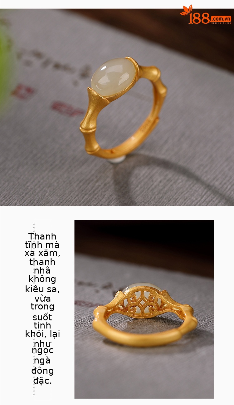Nhẫn nữ bạc S925 mạ vàng mặt ngọc bích hình trứng phong cách đơn giản — Màu trắng ngọc bích cỡ lớn chi tiết 3
