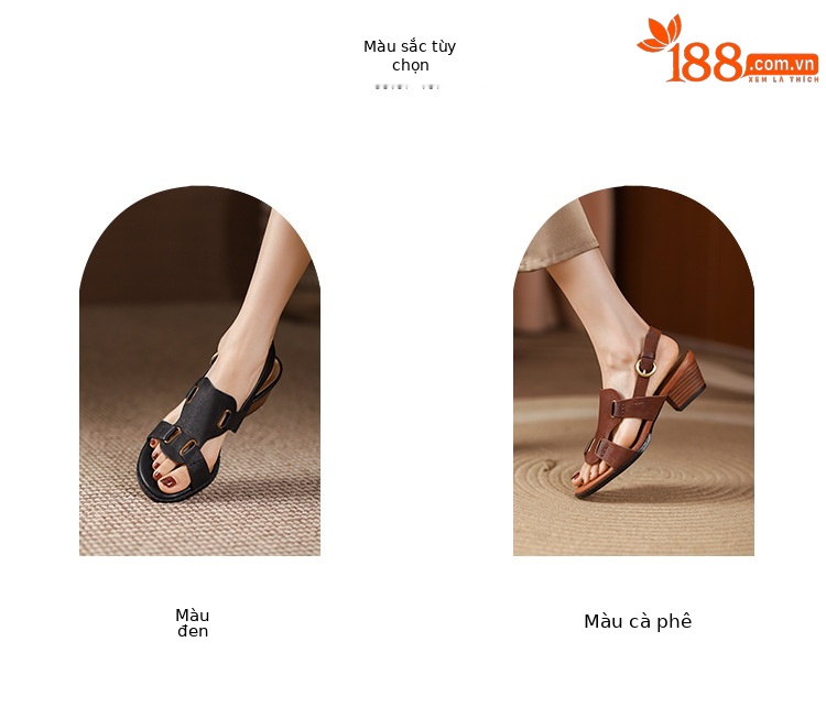 Sandal La Mã cổ điển hở mũi quai khóa gót dày nữ — Màu nâu chi tiết 3