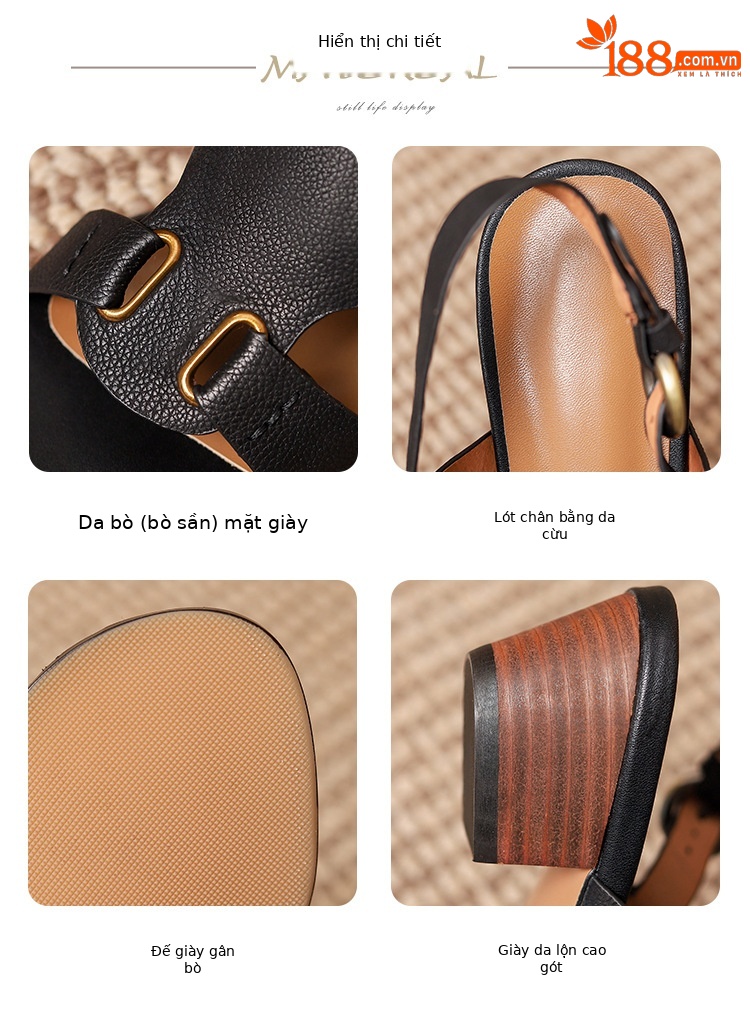 Sandal La Mã cổ điển hở mũi quai khóa gót dày nữ — Màu nâu chi tiết 4