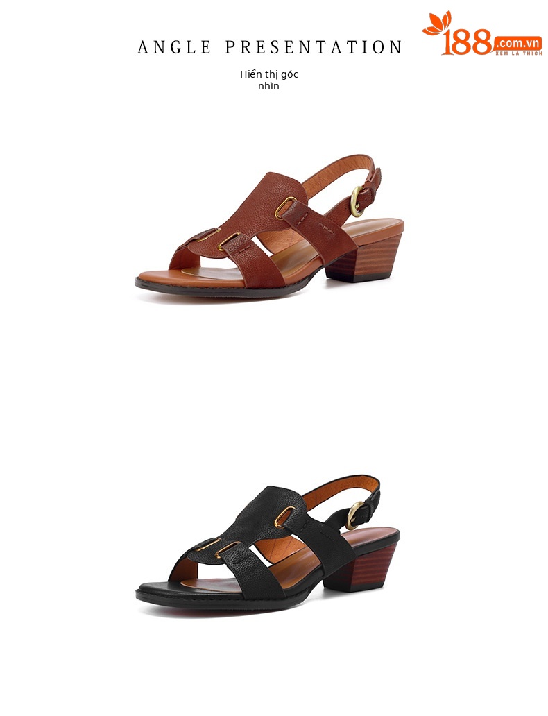 Sandal La Mã cổ điển hở mũi quai khóa gót dày nữ — Màu nâu chi tiết 15