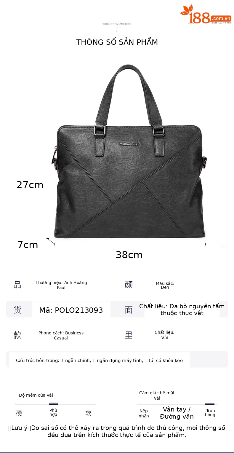 Túi xách laptop nam da bò Emperor Paul – thiết kế đa năng, tay xách và đeo chéo chi tiết 9