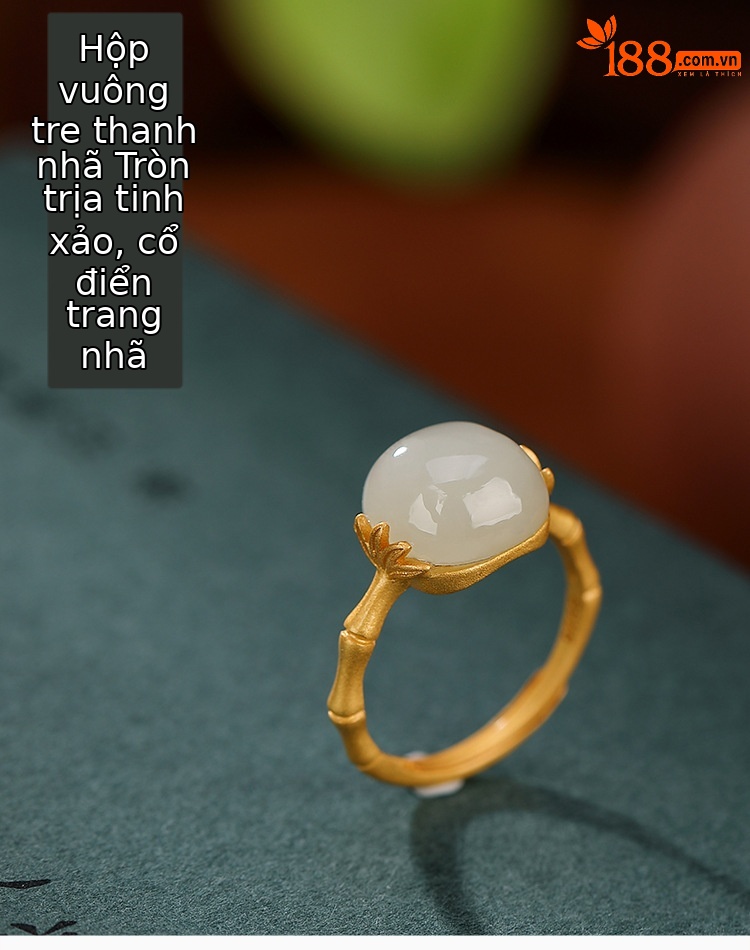 Nhẫn bạc S925 mạ vàng đính ngọc Hetian tự nhiên hình vuông họa tiết tre lá — Mở một size chi tiết 2