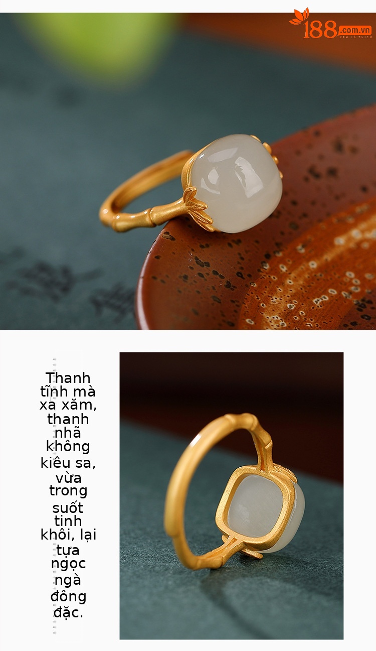 Nhẫn bạc S925 mạ vàng đính ngọc Hetian tự nhiên hình vuông họa tiết tre lá — Mở một size chi tiết 4