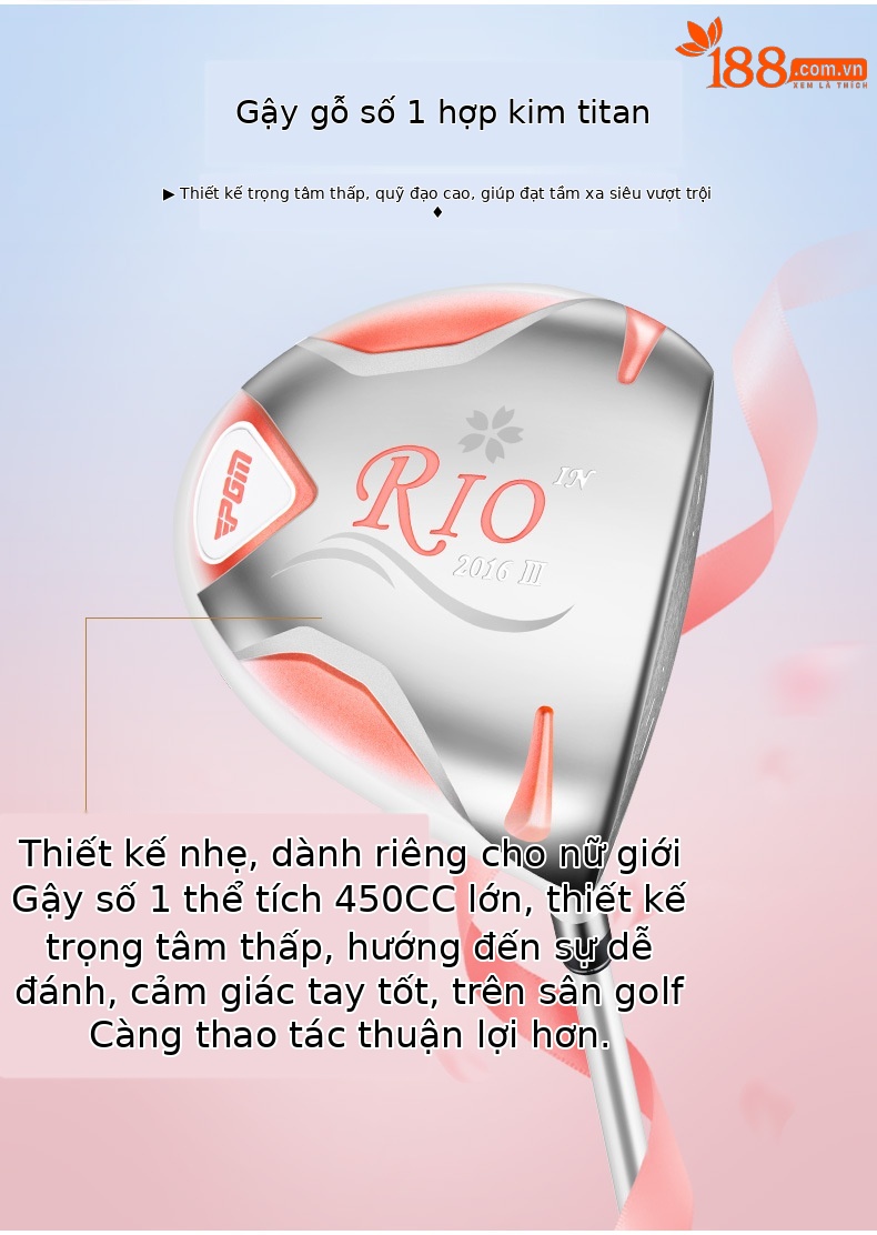 Gậy đánh golf PGM RIO số 1 gỗ titan cho nữ, thân carbon siêu nhẹ, dài 111.76 cm — Trắng Hồng-nữ số 1 gỗ, White Pink-Ladies #3 Wood (không có bao thanh), White Pink-Ladies #5 Wood (không có bao thanh), Trắng hồng-nữ #4H gậy sắt (không kèm bộ gậy) chi tiết 3