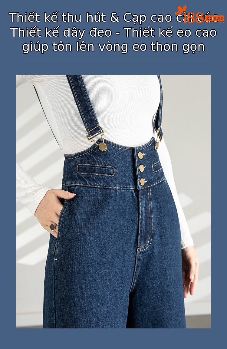 Quần yếm denim nữ dáng rộng ống rộng cạp cao ống thẳng — Màu xanh lam chi tiết 2
