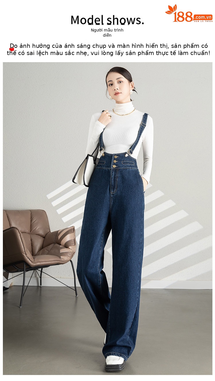 Quần yếm denim nữ dáng rộng ống rộng cạp cao ống thẳng — Màu xanh lam chi tiết 8