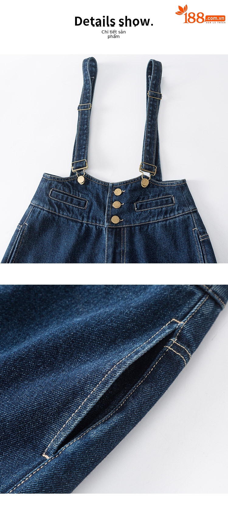 Quần yếm denim nữ dáng rộng ống rộng cạp cao ống thẳng — Màu xanh lam chi tiết 14