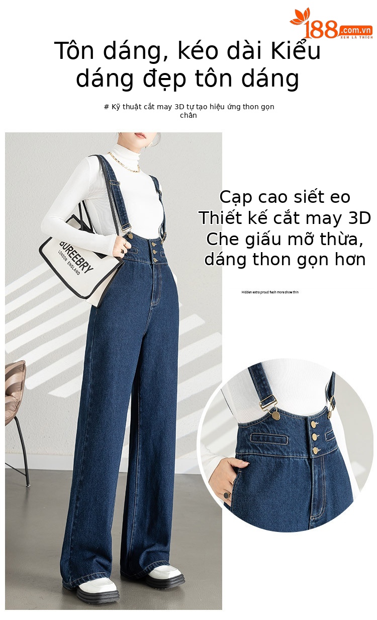 Quần yếm denim nữ dáng rộng ống rộng cạp cao ống thẳng — Màu xanh lam chi tiết 3