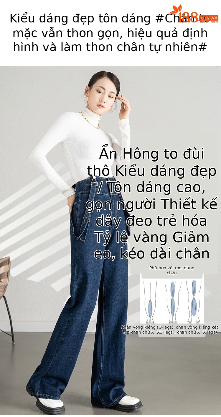 Quần yếm denim nữ dáng rộng ống rộng cạp cao ống thẳng — Màu xanh lam chi tiết 6