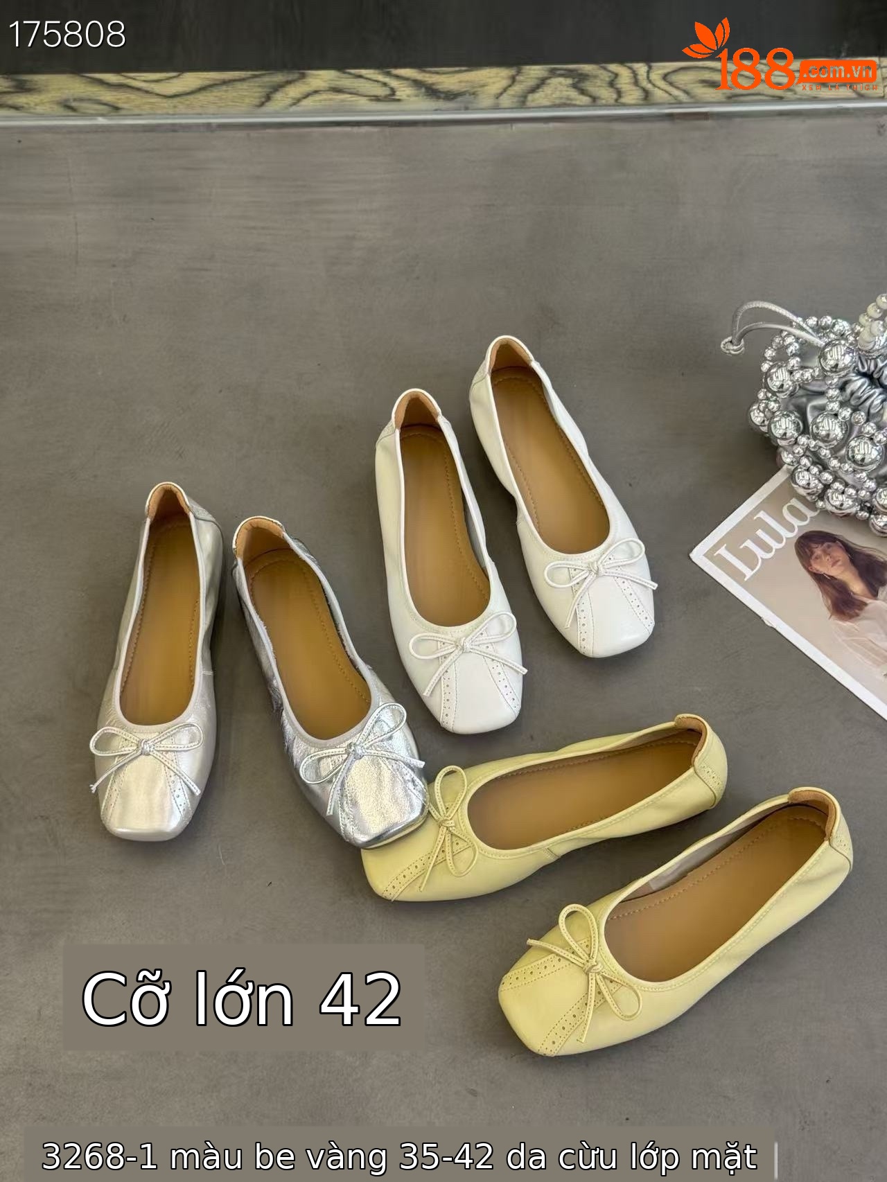 Giày lười nữ mũi vuông da cừu đế bằng, phối nơ xinh xắn — Màu trắng be chi tiết 2