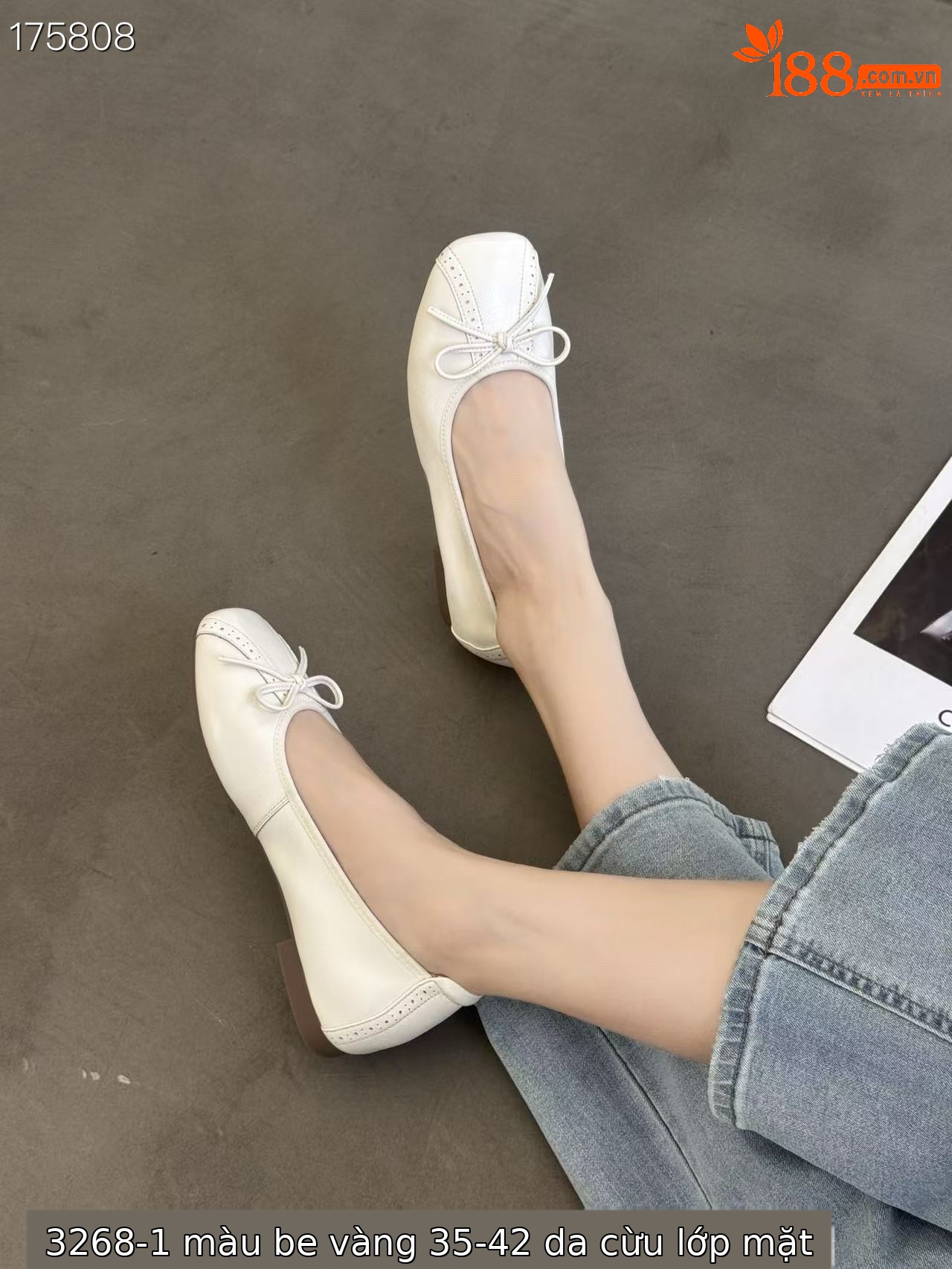 Giày lười nữ mũi vuông da cừu đế bằng, phối nơ xinh xắn — Màu trắng be chi tiết 6
