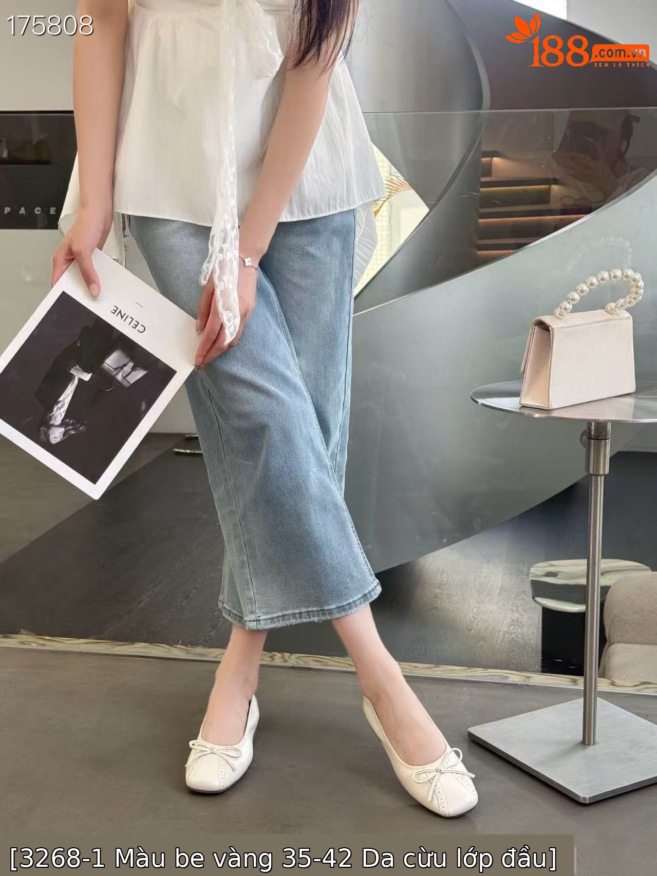 Giày lười nữ mũi vuông da cừu đế bằng, phối nơ xinh xắn — Màu trắng be chi tiết 8