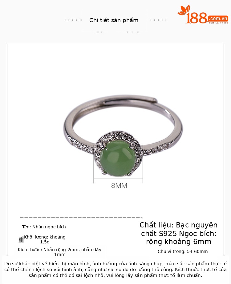 Nhẫn bạc S925 đính ngọc bích và jasper thiết kế hạt tròn thanh lịch — Mở một size chi tiết 2