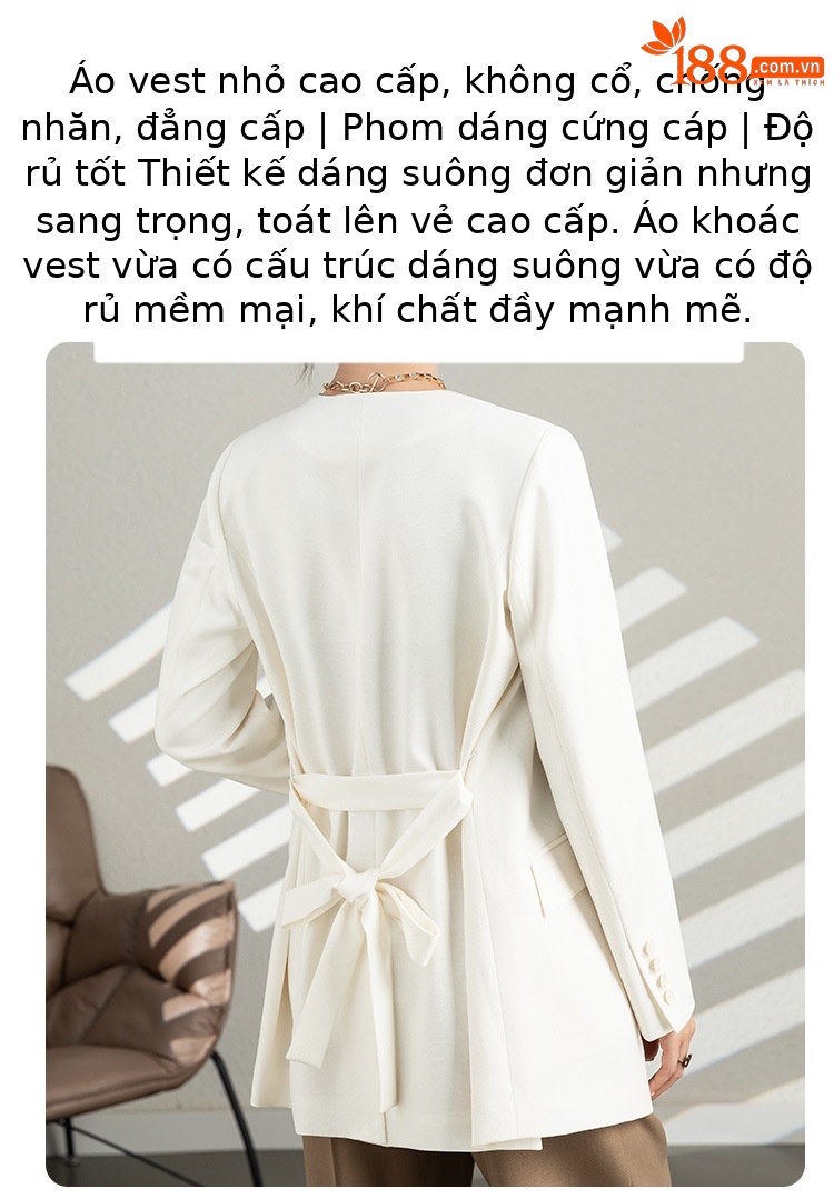 Áo blazer nam cổ chữ V thiết kế dây buộc, chất liệu vân, form slim — Màu Đen (không có cổ áo) chi tiết 4