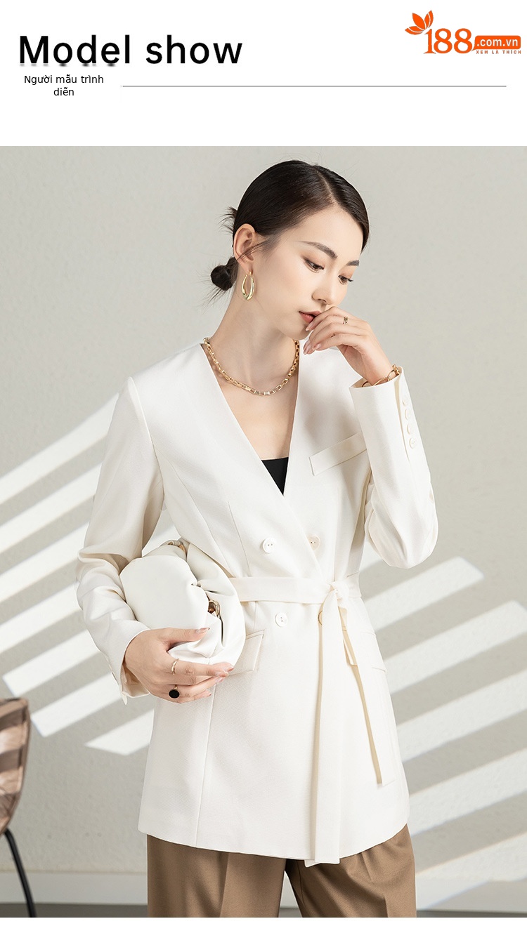 Áo blazer nam cổ chữ V thiết kế dây buộc, chất liệu vân, form slim — Màu Đen (không có cổ áo) chi tiết 7