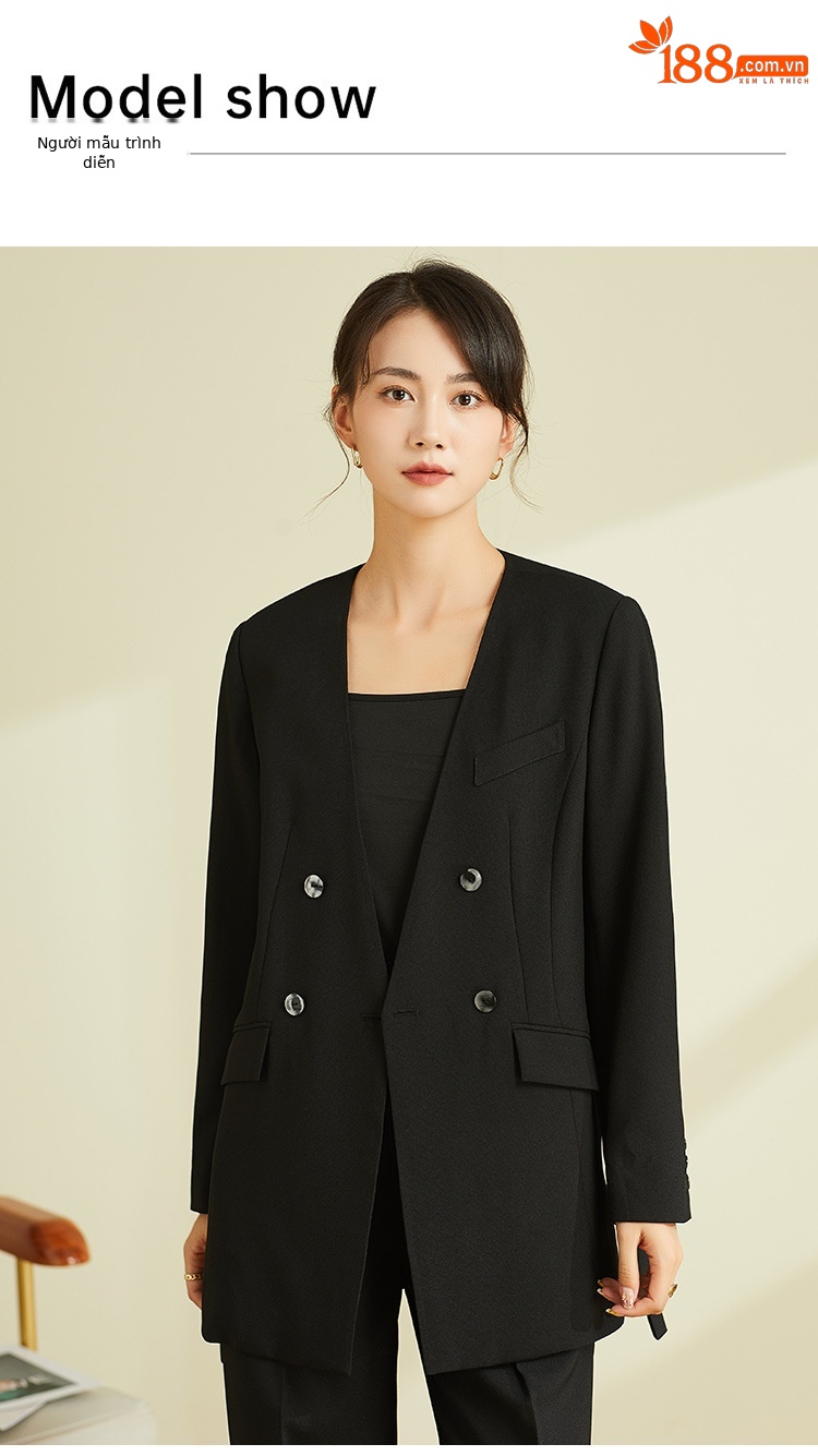 Áo blazer nam cổ chữ V thiết kế dây buộc, chất liệu vân, form slim — Màu Đen (không có cổ áo) chi tiết 19