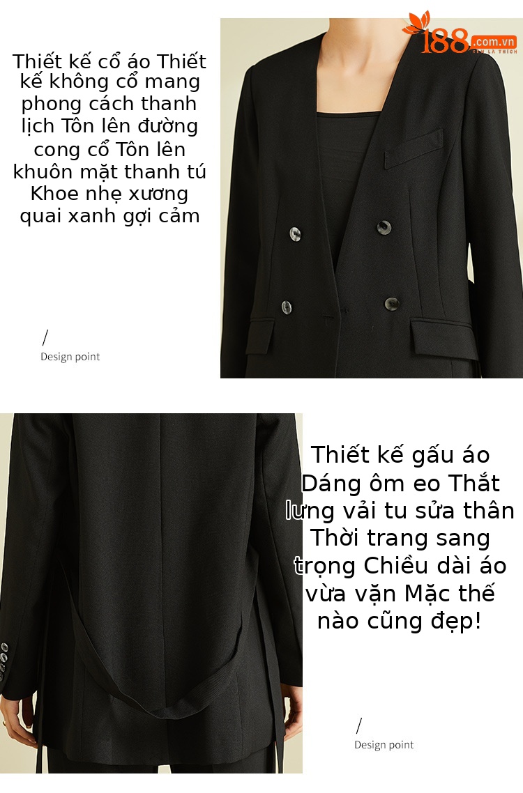 Áo blazer nam cổ chữ V thiết kế dây buộc, chất liệu vân, form slim — Màu Đen (không có cổ áo) chi tiết 18