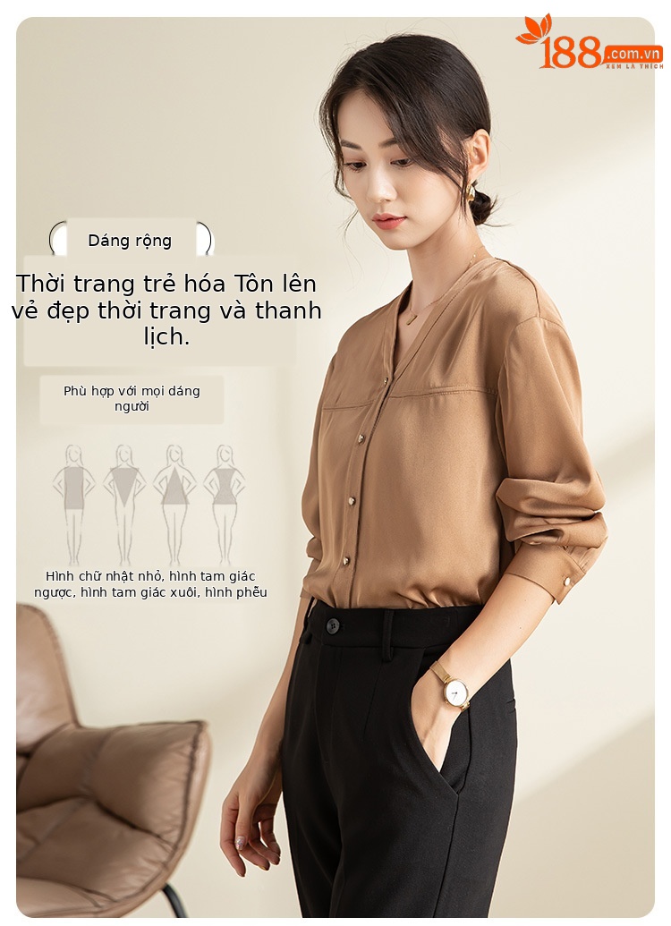 Áo sơ mi nữ dài tay cổ chữ V thiết kế trễ vai, xếp ly rộng rãi — Màu be chi tiết 4