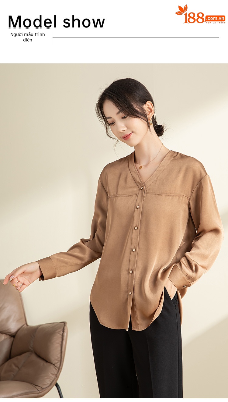Áo sơ mi nữ dài tay cổ chữ V thiết kế trễ vai, xếp ly rộng rãi — Màu be chi tiết 6