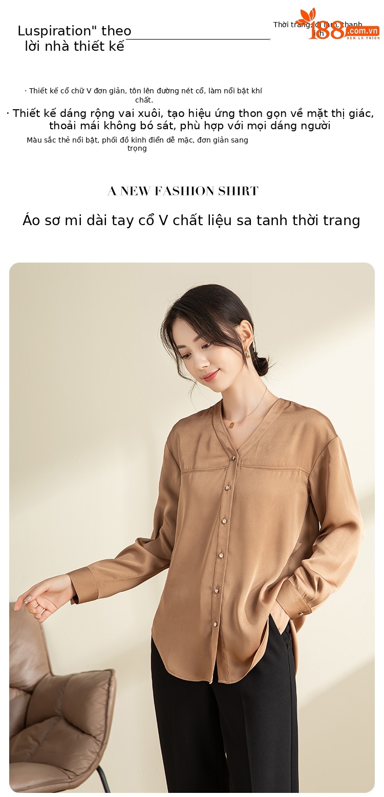 Áo sơ mi nữ dài tay cổ chữ V thiết kế trễ vai, xếp ly rộng rãi — Màu be chi tiết 2