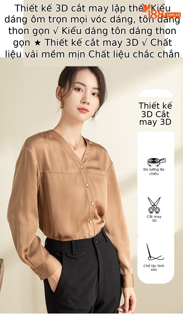 Áo sơ mi nữ dài tay cổ chữ V thiết kế trễ vai, xếp ly rộng rãi — Màu be chi tiết 3