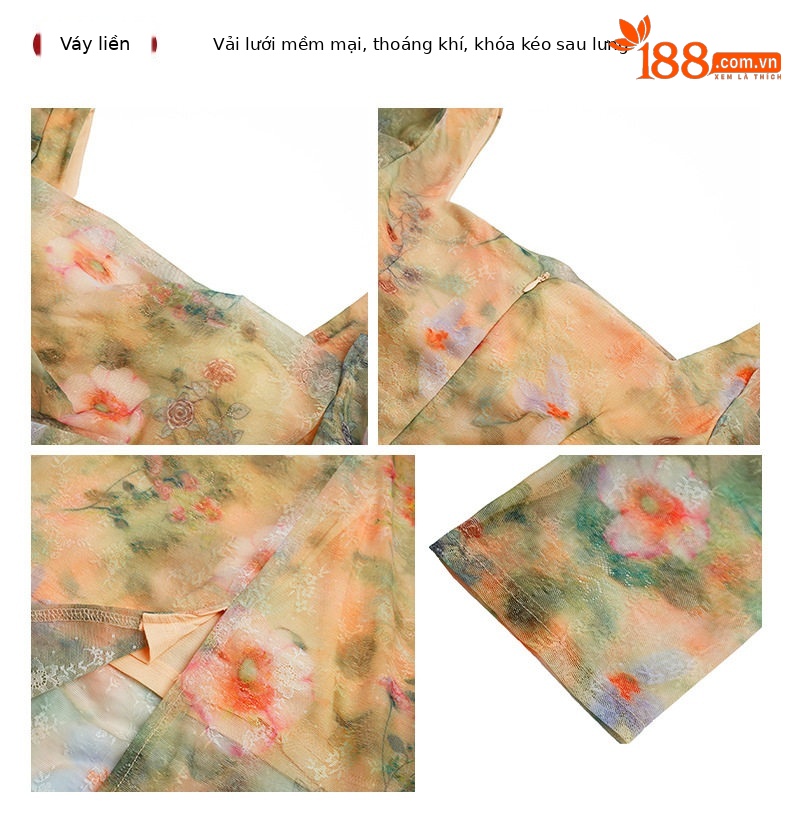 Đầm maxi nữ thắt eo cổ vuông họa tiết hoa retro Pháp — [Xanh lá] chi tiết 1