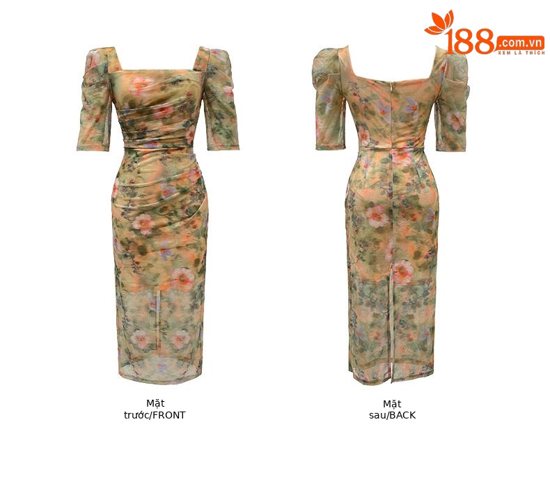 Đầm maxi nữ thắt eo cổ vuông họa tiết hoa retro Pháp — [Xanh lá] chi tiết 2