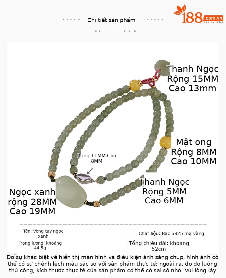 Vòng tay hai lớp bạc S925 mạ vàng kết hợp hạt ngọc bích và đá sapphire, charm Ruyi khí chất — Một chiếc chi tiết 3