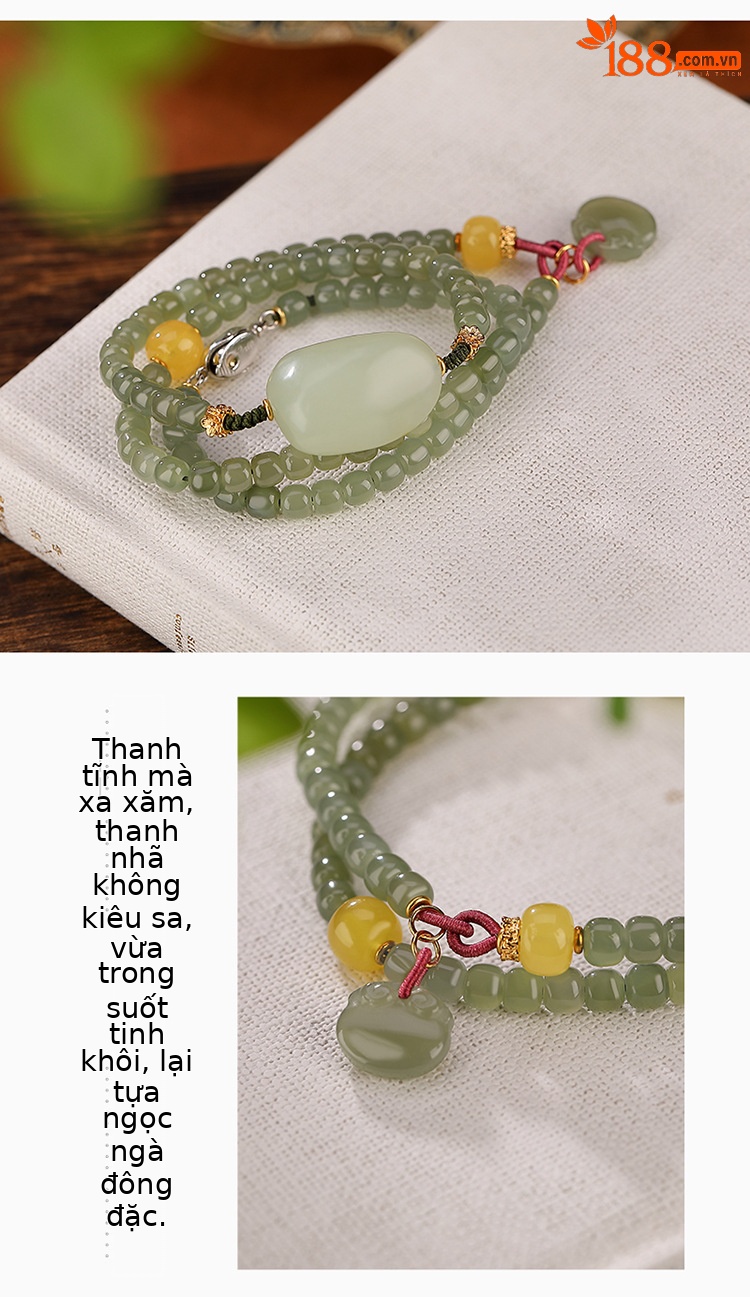 Vòng tay hai lớp bạc S925 mạ vàng kết hợp hạt ngọc bích và đá sapphire, charm Ruyi khí chất — Một chiếc chi tiết 4