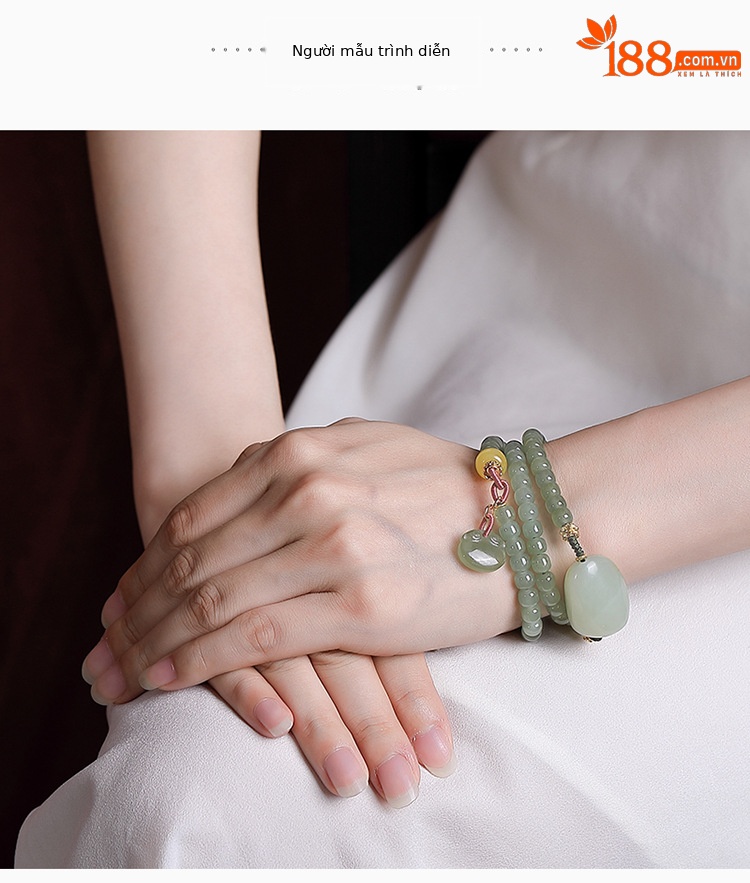 Vòng tay hai lớp bạc S925 mạ vàng kết hợp hạt ngọc bích và đá sapphire, charm Ruyi khí chất — Một chiếc chi tiết 5