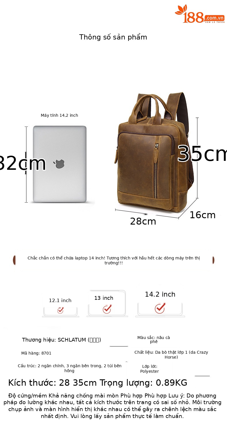 Balo da thật nam du lịch cỡ nhỏ 14 inch phong cách cổ điển — Màu cà phê Vàng chi tiết 8